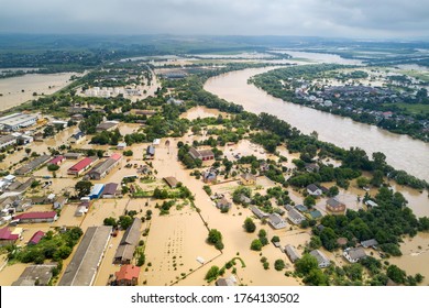 Aerial View Of Flooded Houses With Dirty Water Of Dnister River In Halych Town, Western Ukraine.