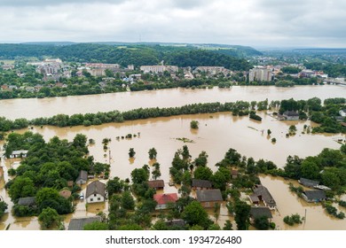 Aerial View Of Flooded Houses With Dirty Water Of Dnister River In Halych Town, Western Ukraine.