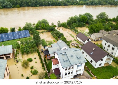 Aerial View Of Flooded Houses With Dirty Water Of Dnister River In Halych Town, Western Ukraine.