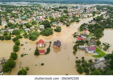 Aerial View Of Flooded Houses With Dirty Water Of Dnister River In Halych Town, Western Ukraine.