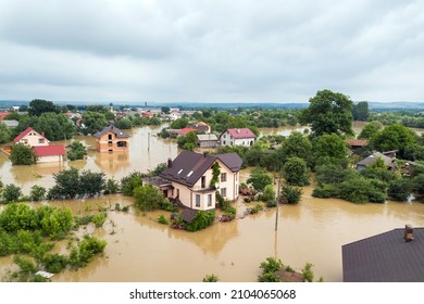 Aerial View Of Flooded Houses With Dirty Water Of Dnister River In Halych Town, Western Ukraine.