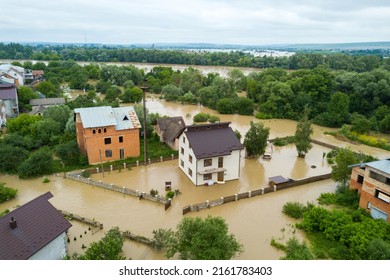 Aerial View Of Flooded Houses With Dirty Water Of Dnister River In Halych Town, Western Ukraine.