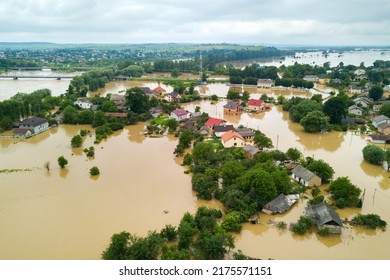 Aerial View Of Flooded Houses With Dirty Water Of Dnister River In Halych Town, Western Ukraine.