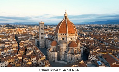 Aerial view of Florence Cathedral (Duomo di Firenze), Cathedral of Saint Mary of the Flower, sunset golden hour, Italy - Shutterstock ID 2373587937