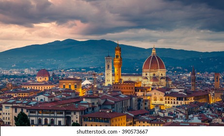 Aerial View Of Florence At Night, Italy