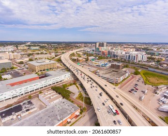 Aerial View Of Florida Route 618 Selmon Expressway In Downtown Tampa, Florida FL, USA. 