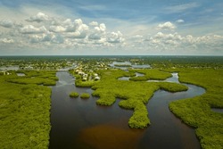 Aerial View Of Florida Wetlands With Green Vegetation Between Ocean Water Inlets And Distant Residential Houses. Natural Habitat Of Many Tropical Species