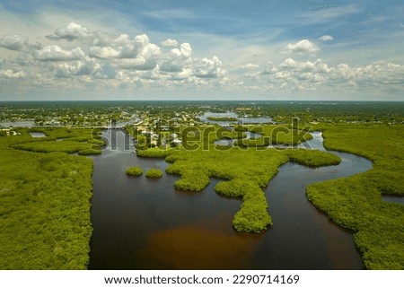 Aerial view of Florida wetlands with green vegetation between ocean water inlets and distant residential houses. Natural habitat of many tropical species