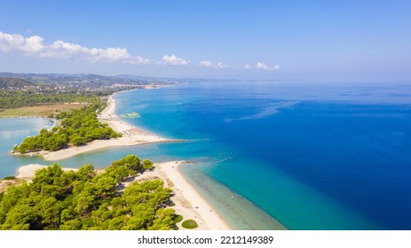 Aerial View From Flying Drone Of People Crowd Relaxing On Beach In Greece.