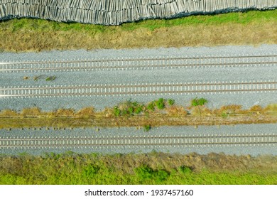 Aerial View From Flying Drone Of Railroad Tracks