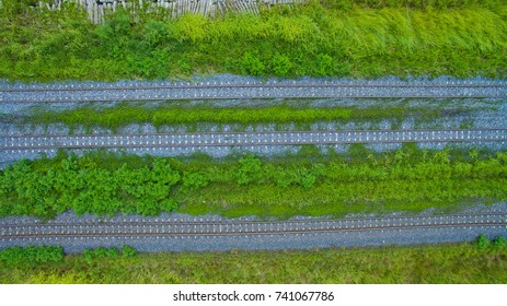 Aerial View From Flying Drone Of Railroad Tracks.train
