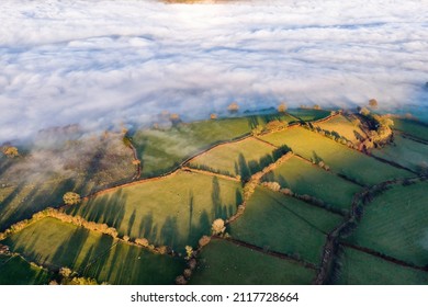 Aerial view of a fog filled valley surrounded by rural farmland in afternoon sunshine (Brecon Beacons, Wales, UK)