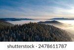 An aerial view of foggy forest and mountain landscape in Missoula, Montana, USA