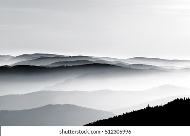 Aerial view of foggy mountains relief, Vosges, Alsace, France
