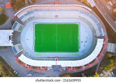 Aerial View Of The Football Stadium. Soccer Sports Field And Championship Concept