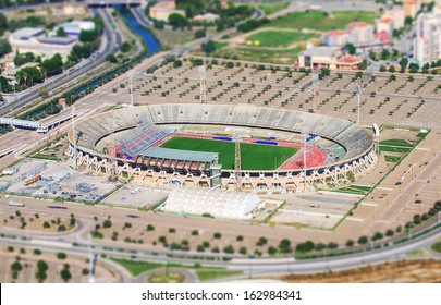 Aerial View Of Football Stadium. Tilt-shift Photo.