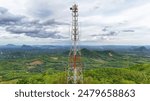 Aerial view forest in countryside and beautiful sky.The big green forest looks fresh Gives a cool feeling. Top view, farmer industry. telephone signal tower and radio waves, telecommunications towers 