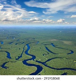 Aerial View Of Forest River During Summer.