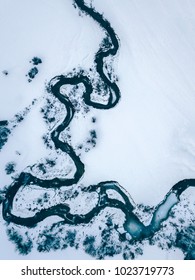 Aerial View Of Forest River In Time Of Winter Day.