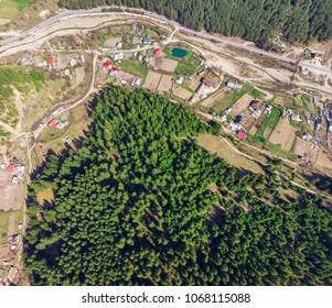 aerial view of forest and village in countryside of Petru Voda, Romania