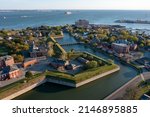 Aerial View of the Fort Monroe National Historic Site looking out toward the James River