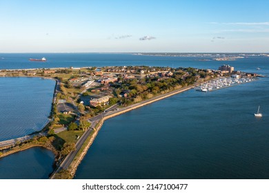 Aerial View of the Fort Monroe National Historic Site looking towards Norfolk and the Chesapeake Bay - Shutterstock ID 2147100477