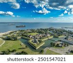 Aerial view of Fort Monroe star shaped military fort protecting Norfolk surrounded with a water filled moat