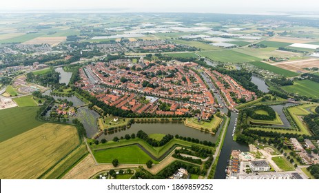 Aerial view of the fortified city of Brielle vesting or Den Briel in the Province of Zuid Holland, Netherlands. Star fortifications were developed in the late fifteenth centurie
