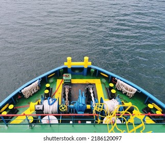 Aerial View Of Forward Station Of Offshore Vessel. Forward Of Vessel Is An Area For Mooring Station And Anchoring Station. 