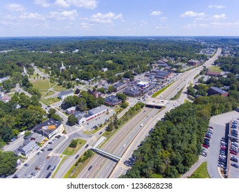 Aerial view of Framingham Centre Common Historic District and Massachusetts Route 9 in Framingham, Massachusetts, USA.