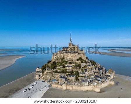 Aerial view, France, Normandy, Salt marshes,  Mont-Saint-Michel monastery and abbey, Le Mont-Saint-Michel