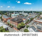 Aerial view Fredericksburg Virginia with Circuit Court building , historic business district, Baptist church, Chatham bridge over Rappahannock River