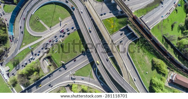 Aerial view of a freeway\
intersection