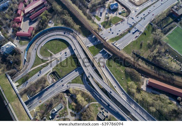 Aerial\
view of a freeway intersection. Aerial\
photography