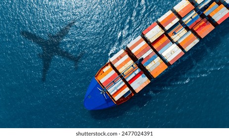 Aerial view of the freight shipping transport system cargo ship container. international transportation Export-import business, logistics, transportation industry concepts