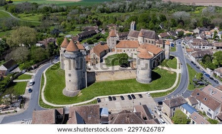 Aerial view of the French castle of Blandy les Tours in Seine et Marne - Medieval feudal fortress with an hexagonal enclosure protected by large round towers
