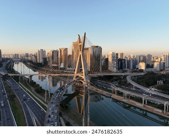 Aerial view of Octávio Frias de Oliveira Bridge and Marginal Pinheiros Avenue - São Paulo, Brazil