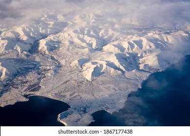 Aerial view of frozen land in the North Pole