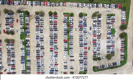 Aerial View Full Cars At Large Outdoor Parking Lots In Houston, Texas, USA. Outlet Mall Parking Congestion And Crowded Parking Lot, Other Cars Try Getting In And Out, Finding Parking Space. Panorama