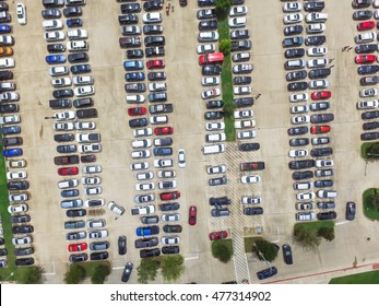 Aerial View Full Cars At Large Outdoor Parking Lots In Houston, Texas, USA. Outlet Mall Parking Congestion And Crowded Parking Lot With Other Cars Try Getting In And Out, Finding Parking Space.