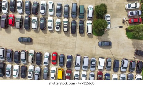 Aerial View Full Cars At Large Outdoor Parking Lots In Houston, Texas, USA. Outlet Mall Parking Congestion And Crowded Parking Lot, Other Cars Try Getting In And Out, Finding Parking Space. Panorama