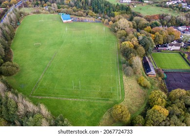 Aerial View Of A Fully Marked Rugby Union Pitch Surrounded By Trees In Autumn Colours (Ebbw Vale, Wales)