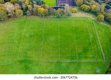 Aerial View Of A Fully Marked Rugby Union Pitch Surrounded By Trees In Autumn Colours (Ebbw Vale, Wales)