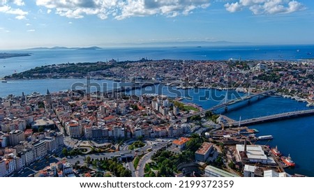 Aerial view of Galata Tower and old city of Istanbul, Turkey ft. Karakoy and Eminonu districts from above and historic neighborhood from Ottoman Empire with bridges on the Golden Horn waterway