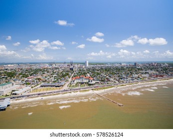 Aerial View Of Galveston Beach And Hotels