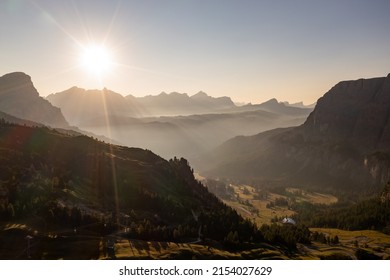 Aerial view of Gardena Pass, Passo Gardena, Rifugio Frara, Dolomiti, Dolomites, South Tyrol, Italy, UNESCO World Heritage.