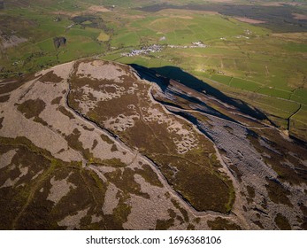 Aerial view of Garn Ganol in Yr Eifl Mountains with Iron Age Hillfort, Llyn Peninsula, Wales, UK