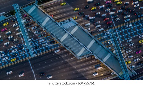 Aerial view gate for expressway fee payment in the city.