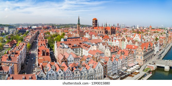 Aerial view of Gdansk. Landscape of Gdansk's old city with the Motława River.
