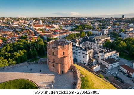 Aerial view of Gediminas castle and it's old town during sunny summer day.